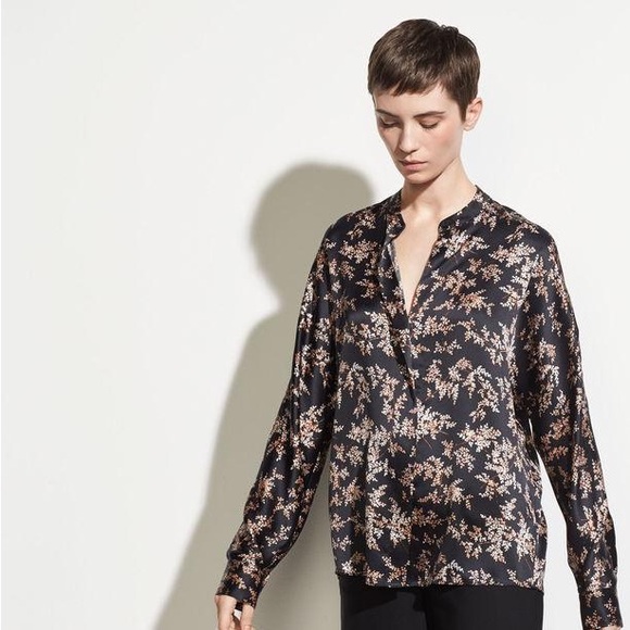 Vince Eden Branch popover black silk long sleeve shirt size small
